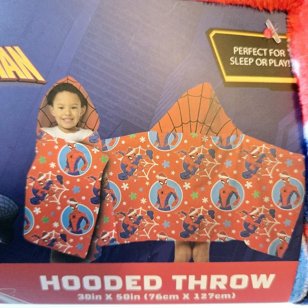 Marvel Spiderman Kids Christmas Winter Holiday Hooded Throw Blanket 30x50 NWT